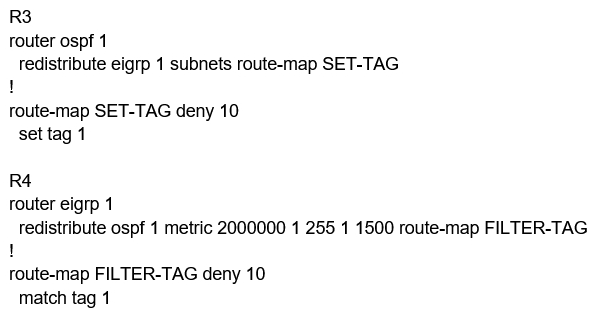 <strong>Refer to the exhibit. The output of the trace route from R5 shows a loop in the network. Which configuration prevents this loop? </strong> A) B) C) D)