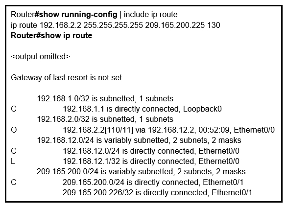 <strong>Refer to the exhibit. An engineer configures a static route on a router, but when the engineer checks the route to the destination, a different next hop is chosen. What is the reason for this? </strong> A) Dynamic routing protocols always have priority over static routes. B) The metric of the OSPF route is lower than the metric of the static route. C) The configured AD for the static route is higher than the AD of OSPF. D) The syntax of the static route is not valid, so the route is not considered.