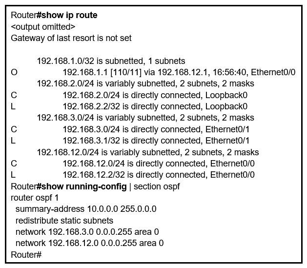 <strong>Refer to the exhibit. An engineer is trying to generate a summary route in OSPF for network 10.0.0.0/8, but the summary route does not show up in the routing table. Why is the summary route missing? </strong> A) The summary-address command is used only for summarizing prefixes between areas. The summary-address command is used only for summarizing prefixes between areas. B) The summary route is visible only in the OSPF database, not in the routing table. C) There is no route for a subnet inside 10.0.0.0/8, so the summary route is not generated. D) The summary route is not visible on this router, but it is visible on other OSPF routers in the same area.
