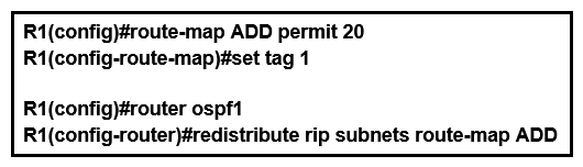 <strong> Refer to the exhibit. Which statement about R1 is true?</strong> A) OSPF redistributes RIP routes only if they have a tag of one. B) RIP learned routes are distributed to OSPF with a tag value of one. C) R1 adds one to the metric for RIP learned routes before redistributing to OSPF. D) RIP routes are redistributed to OSPF without any changes.