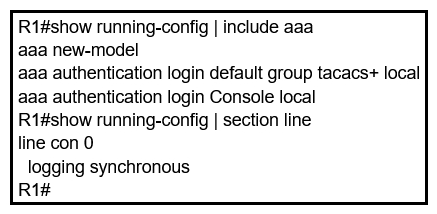 <strong>Refer to the exhibit. An engineer is trying to configure local authentication on the console line, but the device is trying to authenticate using TACACS+. Which action produces the desired configuration? </strong> A) Add the aaa authentication login default none command to the global configuration. Add the aaa authentication login default none command to the global configuration. B) Replace the capital C with a lowercase c in the aaa authentication login Console local command. Replace the capital C with a lowercase c in the aaa authentication login Console local command. C) Add the aaa authentication login default group tacacs+ local-case command to the global configuration. aaa authentication login default group tacacs+ local-case D) Add the login authentication Console command to the line configuration login authentication Console command to the line configuration