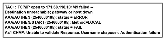 <strong> Refer to the exhibit. Why is user authentication being rejected?</strong> A) The TACACS+ server expects user, but the NT client sends domain / user. B) The TACACS+ server refuses the user because the user is set up for CHAP. C) The TACACS+ server is down, and the user is in the local database. D) The TACACS+ server is down, and the user is not in the local database.
