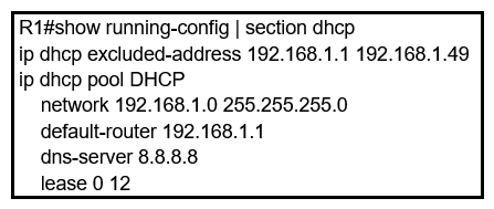 <strong>Refer to the exhibit. Users report that IP addresses cannot be acquired from the DHCP server. The DHCP server is configured as shown. About 300 total nonconcurrent users are using this DHCP server, but none of them are active for more than two hours per day. Which action fixes the issue within the current resources? </strong> A) Modify the subnet mask to the network 192.168.1.0 255.255.254.0 command in the DHCP pool Modify the subnet mask to the network 192.168.1.0 255.255.254.0 command in the DHCP pool B) Configure the DHCP lease time to a smaller value C) Configure the DHCP lease time to a bigger value D) Add the network 192.168.2.0 255.255.255.0 command to the DHCP pool Add the network 192.168.2.0 255.255.255.0 command to the DHCP pool