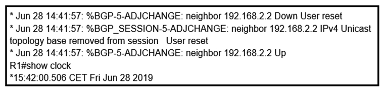 <strong> Refer to the exhibit. An engineer is troubleshooting BGP on a device but discovers that the clock on the device does not correspond to the time stamp of the log entries. Which action ensures consistency between the two times?</strong> A) Configure the service timestamps log uptime command in global configuration mode. Configure the service timestamps log uptime command in global configuration mode. B) Configure the logging clock synchronize command in global configuration mode. logging clock synchronize C) Configure the service timestamps log datetime localtime command in global configuration mode. service timestamps log datetime localtime D) Make sure that the clock on the device is synchronized with an NTP server.