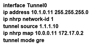 <strong>Refer to the exhibit. Which interface configuration must be configured on the spoke A router to enable a dynamic DMVPN tunnel with the spoke B router? </strong> A) B) C) D)