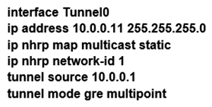 <strong>Refer to the exhibit. Which interface configuration must be configured on the spoke A router to enable a dynamic DMVPN tunnel with the spoke B router? </strong> A) B) C) D)