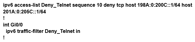 <strong>Refer to the exhibit. Which configuration denies Telnet traffic to router 2 from 198A:0:200C::1/64? </strong> A) B) C) D)