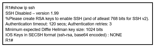 <strong>Refer to the exhibit. An engineer is trying to connect to a device with SSH but cannot connect. The engineer connects by using the console and finds the displayed output when troubleshooting. Which command must be used in configuration mode to enable SSH on the device? </strong> A) no ip ssh disable B) ip ssh enable C) ip ssh version 2 D) crypto key generate rsa