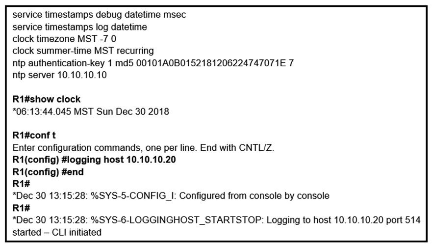<strong>Refer to the exhibit. An administrator noticed that after a change was made on R1, the timestamps on the system logs did not match the clock. What is the reason for this error? </strong> A) An authentication error with the NTP server results in an incorrect timestamp. B) The keyword localtime is not defined on the timestamp service command. The keyword localtime is not defined on the timestamp service command. C) The NTP server is in a different time zone. D) The system clock is set incorrectly to summer-time hours.