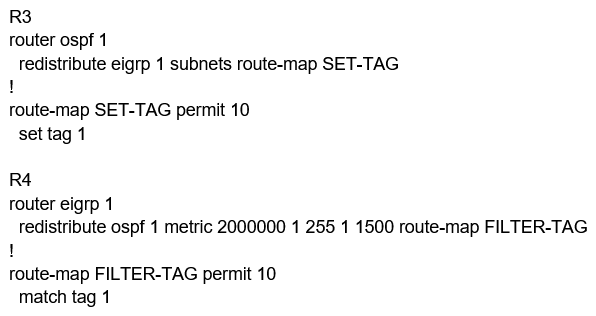<strong>Refer to the exhibits. The output of the trace route from R5 shows a loop in the network. Which configuration prevents this loop? </strong> A) B) C) D)
