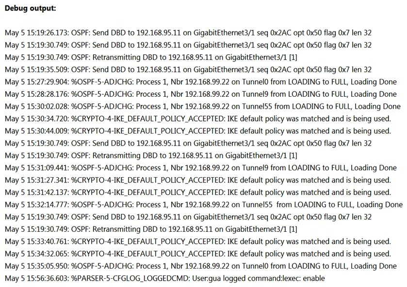 Refer to the exhibit. A network administrator is troubleshooting OSPF adjacency issue by going through the console logs in the router, but due to an overwhelming log messages stream, it is impossible to capture the problem. Which two commands reduce console log messages to relevant OSPF neighbor problem details so that the issue can be resolved? (Choose two.)
