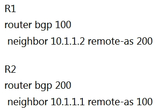 <strong> Refer to the exhibit. The R1 and R2 configurations are: The neighbor relationship is not coming up. Which two sets of configurations bring the neighbors up? (Choose two.)</strong> A) B) C) D) E)