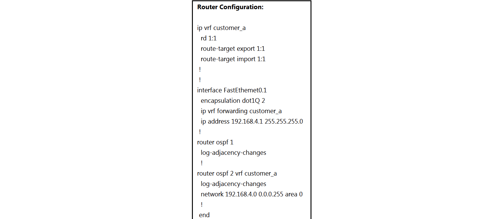 <strong> Refer to the exhibit. The network administrator configured VRF lite for customer A. The technician at the remote site misconfigured VRF on the router. Which configuration will resolve connectivity for both sites of customer_a ?</strong> A) B) C) D)