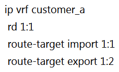 <strong> Refer to the exhibit. The network administrator configured VRF lite for customer A. The technician at the remote site misconfigured VRF on the router. Which configuration will resolve connectivity for both sites of customer_a ?</strong> A) B) C) D)