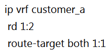 <strong> Refer to the exhibit. The network administrator configured VRF lite for customer A. The technician at the remote site misconfigured VRF on the router. Which configuration will resolve connectivity for both sites of customer_a ?</strong> A) B) C) D)