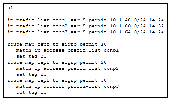 Refer to the exhibit. An engineer wanted to set a tag of 30 to route 10.1.80.65/32 but it failed. How is the issue fixed?