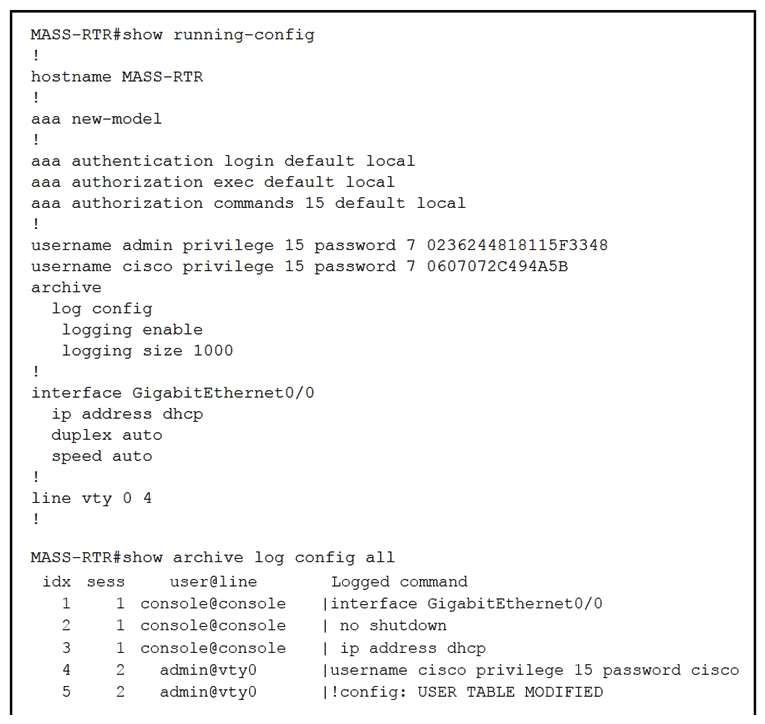 <strong> Refer to the exhibit. A client is concerned that passwords are visible when running this show archive log config all . Which router configuration is needed to resolve this issue?</strong> A) MASS-RTR(config)# aaa authentication arap MASS-RTR(config)# aaa authentication arap B) MASS-RTR(config-archive-log-cfg)# password encryption aes MASS-RTR(config-archive-log-cfg)# password encryption aes C) MASS-RTR(config)# service password-encryption service password-encryption D) MASS-RTR(config-archive-log-cfg)# hidekeys hidekeys