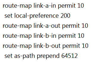 <strong> Refer to the exhibit. A network engineer for AS64512 must remove the inbound and outbound traffic from link A during maintenance without closing the BGP session so that there is still a backup link over link A toward the ASN. Which BGP configuration on R1 accomplishes this goal?</strong> A) B) C) D)