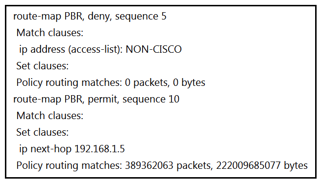 <strong>An engineer configured access list NON-CISCO in a policy to influence routes. What are the two effects of this route map configuration? (Choose two.)</strong> A) Packets are forwarded using normal route lookup. B) Packets are forwarded to the default gateway. C) Packets are dropped by the access list. D) Packets are evaluated by sequence 10. E) Packets are not evaluated by sequence 10.