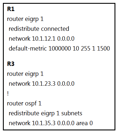 <strong> Refer to the exhibits. To provide reachability to network 10.1.1.0/24 from R5, the network administrator redistributes EIGRP into OSPF on R3 but notices that R4 is now taking a suboptimal path through R5 to reach 10.1.1.0/24 network. Which action fixes the issue while keeping the reachability from R5 to 10.1.1.0/24 network?</strong> A) Change the administrative distance of the external EIGRP to 90. B) Apply the outbound distribution list on R5 toward R4 in OSPF. C) Change the administrative distance of OSPF to 200 on R5. D) Redistribute OSPF into EIGRP on R4.