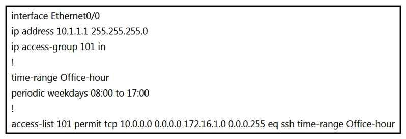 <strong> Refer to the exhibit. An IT staff member comes into the office during normal office hours and cannot access devices through SSH. Which action should be taken to resolve this issue?</strong> A) Modify the access list to use the correct IP address. B) Configure the correct time range. C) Modify the access list to correct the subnet mask. D) Configure the access list in the outbound direction.