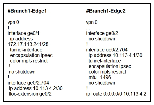 <strong> Refer to the exhibit. Which configuration change is needed to configure the tloc-extention on Branch1-Edge1?</strong> A) B) C) D)
