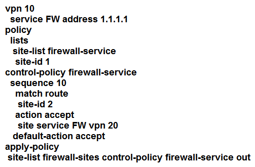 <strong>Refer to the exhibit. An engineer is configuring service chaining. Which set of configurations is required for all traffic from Site ID 1 going toward Site ID 2 to get filtered through the firewall on the hub site? </strong> A) B) C) D)