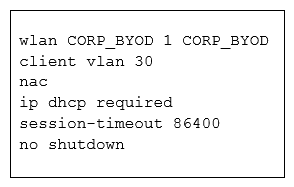 Refer to the exhibit. A network engineer must configure a WLAN on a Cisco IOS-XE controller to support corporate devices (using VLAN 30) and BYOD (using VLAN 40) on the same secure SSID. The security team has built an ISE deployment to be used for VLAN assignment and to restrict access based on policy and posture compliance. Given the existing WLAN configuration, which configuration change must be made?