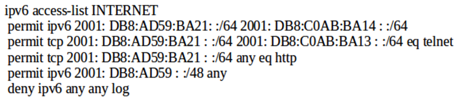 <strong>Refer to the exhibit. Which statement about the INTERNET ACL is true?</strong> A) The denied entries will be logged because of the explicit deny ipv6 any any log line. B) A packet with a source address of 2001:DB8:AD59:ACC0:2020:882:DB8:1125 will be denied. C) HTTPS traffic from the 2001:DB8:AD59:BA21::/64 subnet will automatically be permitted along with HTTP traffic. D) A packet with a source address of 2001:DB80:AD59:BA21:101:CAB:64:38 destined to port 80 will be permitted.