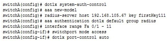 <strong>You have executed the following commands on switchA: What is the result of executing the given commands? (Choose two.)</strong> A) Only the listed RADIUS server is used for authentication B) 802.1X authentication is enabled on the Fa0/1 interface only C) The key for the RADIUS server is firstKey111 D) AAA is not enabled on the switch