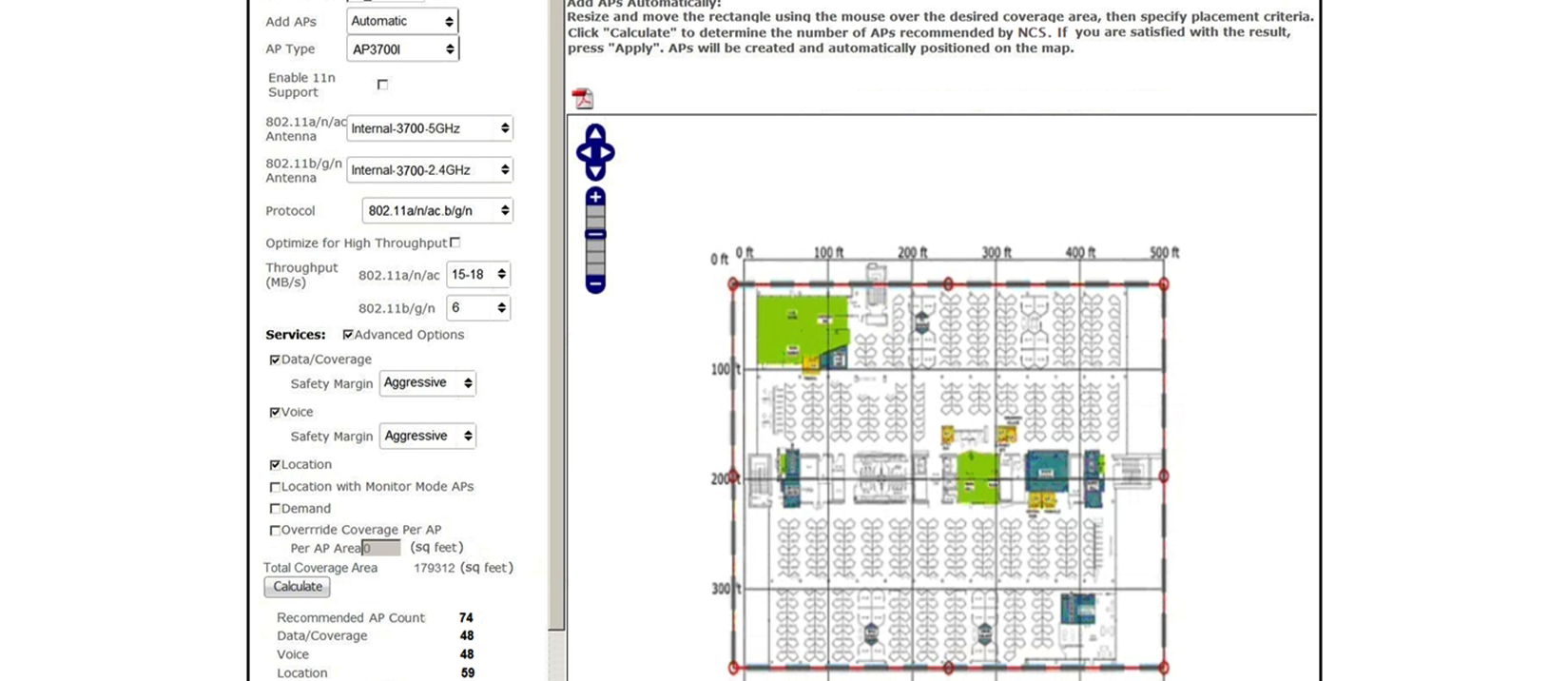 <strong> Refer to the exhibit. Which two statements about Cisco Prime Infrastructure are true? (Choose two.)</strong> A) It presents the recommended number of APs for the selected coverage area based on the selections made. B) Planning mode requires a special license in Cisco Prime Infrastructure. C) It shows the map editor feature in Cisco Prime Infrastructure. D) Controllers must be synchronized with Cisco Prime Infrastructure for planning mode to work. E) It shows the planning mode feature in Cisco Prime Infrastructure.
