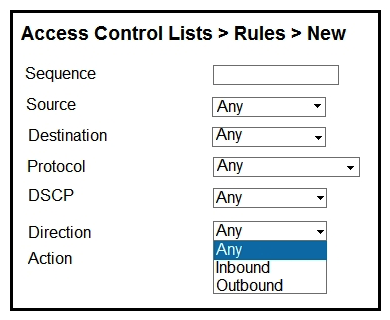 <strong>Refer to the exhibit. An engineer is creating an ACL to restrict some traffic to the WLC CPU. Which selection must be made from the direction drop-down list? </strong> A) It must be Inbound because traffic goes to the WLC. B) Packet direction has no significance; it is always Any. C) It must be Outbound because it is traffic that is generated from the WLC. D) To have the complete list of options, the CPU ACL must be created only by the CLI.