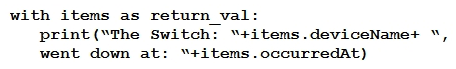 <strong> Refer to the exhibit. The task is to create a Python script to display an alert message when a Meraki MX Security Appliance goes down. The exhibit shows sample data that is received. Which Python snippet displays the device name and the time at which the switch went down?</strong> A) B) C) D)