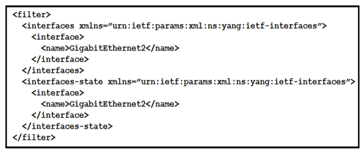 <strong>    Refer to the exhibits. An engineer creates a Python scripts using ncclient to display interface information. The code must be completed so that it can be tested. Which expression completes the highlighted section in the format call?</strong> A) intf_info B) intf_config C) intf_get D) intf_config[0] <div style=padding-top: 35px> 