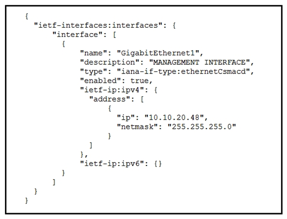<strong> Refer to the exhibit. A RESTCONF GET request is sent to a Cisco IOS XE device. A portion of the response is shown in the exhibit. Which module name corresponds to the YANG model referenced in the request?</strong> A) ietf-interfaces:ietf-ipv4 B) iana-if-type:ethernetCsmacd C) ietf-interfaces:interfaces D) ietf-interfaces