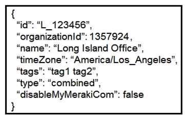 <strong> Refer to the exhibit. Which two parameters are mandatory when the Cisco Meraki API is used to create a network? (Choose two.)</strong> A) timezone B) disableMyMerakiCom C) type D) tags E) organizationId