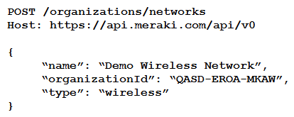<strong>Which HTTP request is valid to create a new wireless network called Demo Wireless Network in the organization QASD-EROA-MKAW?</strong> A) B) C) D)