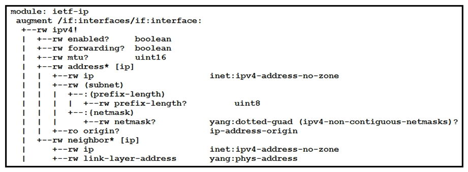 <strong>  Refer to the exhibit. Which NETCONF statement type is represented by +--rw address* [ip] ?</strong> A) list B) leaf-list C) container D) submodule <div style=padding-top: 35px> 