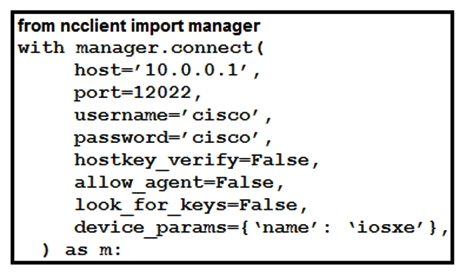 <strong> Refer to the exhibit. What is the correct ncclient method to use to collect the running configuration of a Cisco IOS XE device that uses NETCONF?</strong> A) config=m.copy_config(source='running') B) config=m.get(source='running') C) config=m.collect_config(source='running') D) config=m.get_config(source='running')