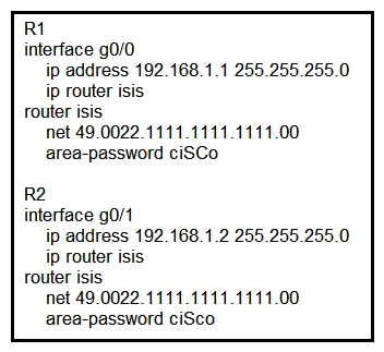 <strong> Refer to the exhibit. After you applied these configurations to routers R1 and R2, the two devices could not form a neighbor relationship. Which reason for the problem is the most likely?</strong> A) The two routers cannot authenticate with one another. B) The two routers have the same area ID. C) The two routers have the same network ID. D) The two routers have different IS-types.