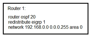 <strong> Refer to the exhibit. An engineer is troubleshooting an OSPF issue. Router 1 has a neighbor relationship with router 2. Only router 1 classful EIGRP routes can be seen on router 2. In order for all EIGRP routes to be redistributed correctly, which action should be taken?</strong> A) Router 1 must have the keyword subnets included in the redistribution command for all EIGRP routes to be redistributed. Router 1 must have the keyword subnets included in the redistribution command for all EIGRP routes to be redistributed. B) Router 1 must remove the AS number 1 from the redistribution command for all EIGRP routes to be redistributed. C) Router 1 must have the keyword ospf-metric included in the redistribution command for all EIGRP routes to be redistributed. ospf-metric D) Router 1 must have the keyword metric-type 1 included in the redistribution command for all EIGRP routes to be redistributed. metric-type 1 included in the redistribution command for all EIGRP routes to be redistributed.
