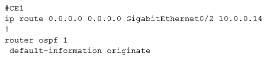 <strong> Refer to the exhibit. CE1 is the gateway router into the provider network via PE1. A network operator must inject a default route into OSPF area 0. All devices inside area 0 must be able to reach PE1. Which configuration achieves this goal?</strong> A) B) C) D)
