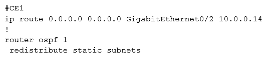<strong> Refer to the exhibit. CE1 is the gateway router into the provider network via PE1. A network operator must inject a default route into OSPF area 0. All devices inside area 0 must be able to reach PE1. Which configuration achieves this goal?</strong> A) B) C) D)