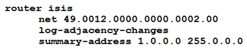 <strong> Refer to the exhibit. A network engineer applied configuration on R1 to summarize all ISIS routes, but R2 is still receiving specific routes from R1. The engineer has confirmed that both routers are configured with the correct summarization configuration, but R1 is not sending the correct summary routes. Which configuration must be applied to router R1 to summarize routes within Level 1?</strong> A) R1(config-router)# no summary-address 1.0.0.0 255.0.0.0 level-1 R1(config-router)# no summary-address 1.0.0.0 255.0.0.0 level-1 B) R1(config-router)# summary-address 1.0.0.0 255.0.0.0 level-2 summary-address 1.0.0.0 255.0.0.0 level-2 C) R1(config-router)# summary-address 1.0.0.0 255.0.0.0 level-1-2 summary-address 1.0.0.0 255.0.0.0 level-1-2 D) R1(config-router)# summary-address 1.0.0.0 255.0.0.0 level-1 summary-address 1.0.0.0 255.0.0.0 level-1