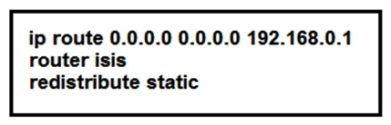 <strong> Refer to the exhibit. An administrator is troubleshooting Internet access issues on a customer's network. After applying this ISIS configuration to R1, the administrator notices that it fails to redistribute the default route into IS-IS. After checking the connectivity between the ISIS router and the ISP router the engineer confirmed there is Layer 3 connectivity between them. Which action should be taken to correct the problem?</strong> A) Configure R1 as a Layer 1 router B) Add the default-information originate command to the configuration Add the default-information originate command to the configuration C) ?onfigure the default route under any routing protocol other than IS-IS D) Associate the default route with a VRF