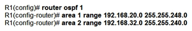 <strong> Refer to the exhibit. An engineer applied the summarization configuration on R1 for four networks (192.168.20.0/24 to 192.168.23.0/24) in area 1 and eight networks (192.168.32.0/24 to 192.168.39.0/24) in area 2 to stop the flooding of all the customer routes. While checking the routing table of R2, the engineer noticed that R1 is still sending only specific routes to R2. Which configuration should the engineer apply on R1 to summarize routes?</strong> A) B) C) D)