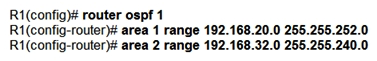 <strong> Refer to the exhibit. An engineer applied the summarization configuration on R1 for four networks (192.168.20.0/24 to 192.168.23.0/24) in area 1 and eight networks (192.168.32.0/24 to 192.168.39.0/24) in area 2 to stop the flooding of all the customer routes. While checking the routing table of R2, the engineer noticed that R1 is still sending only specific routes to R2. Which configuration should the engineer apply on R1 to summarize routes?</strong> A) B) C) D)