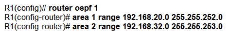 <strong> Refer to the exhibit. An engineer applied the summarization configuration on R1 for four networks (192.168.20.0/24 to 192.168.23.0/24) in area 1 and eight networks (192.168.32.0/24 to 192.168.39.0/24) in area 2 to stop the flooding of all the customer routes. While checking the routing table of R2, the engineer noticed that R1 is still sending only specific routes to R2. Which configuration should the engineer apply on R1 to summarize routes?</strong> A) B) C) D)