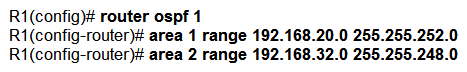 <strong> Refer to the exhibit. An engineer applied the summarization configuration on R1 for four networks (192.168.20.0/24 to 192.168.23.0/24) in area 1 and eight networks (192.168.32.0/24 to 192.168.39.0/24) in area 2 to stop the flooding of all the customer routes. While checking the routing table of R2, the engineer noticed that R1 is still sending only specific routes to R2. Which configuration should the engineer apply on R1 to summarize routes?</strong> A) B) C) D)