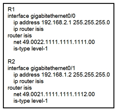 <strong> Refer to the exhibit. Routers R1 and R2 cannot form a neighbor relationship, but the network is otherwise configured correctly and operating normally. Which two statements describe the problem? (Choose two.)</strong> A) The two routers are in the same area B) The two routers are in different subnets C) The two routers have password mismatch issues D) The two routers have the same network ID E) The two routers are in different areas